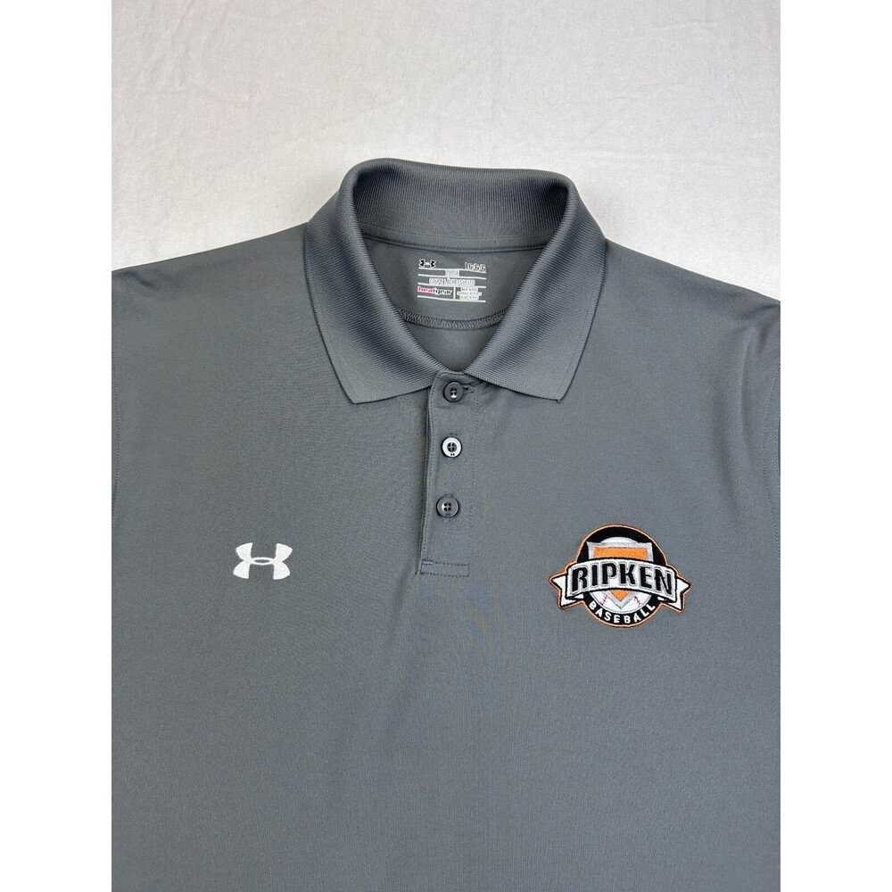 Ripken Baseball Under Armour Heat Gear Loose Polo Shirt Mens L Gray Short Sleeve